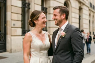Couple de mariés riant devant l'Hôtel de Ville de Saint-Étienne lors d'une séance photo de mariage