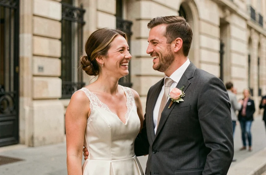Couple de mariés riant devant l'Hôtel de Ville de Saint-Étienne lors d'une séance photo de mariage