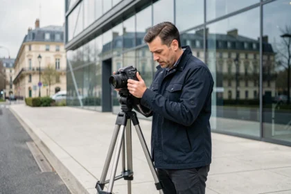 Photographe d'architecture professionnel à Lyon devant un immeuble moderne en verre et acier, tenant un appareil photo sur trépied