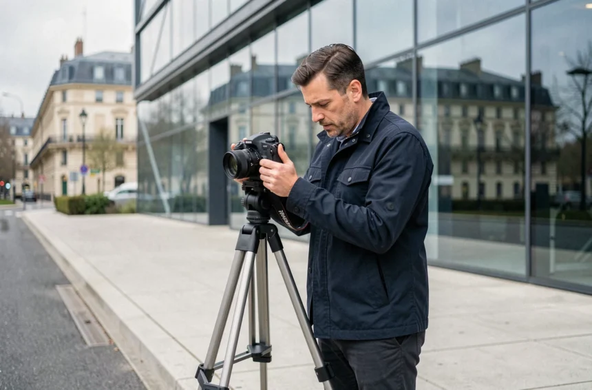 Photographe d'architecture professionnel à Lyon devant un immeuble moderne en verre et acier, tenant un appareil photo sur trépied