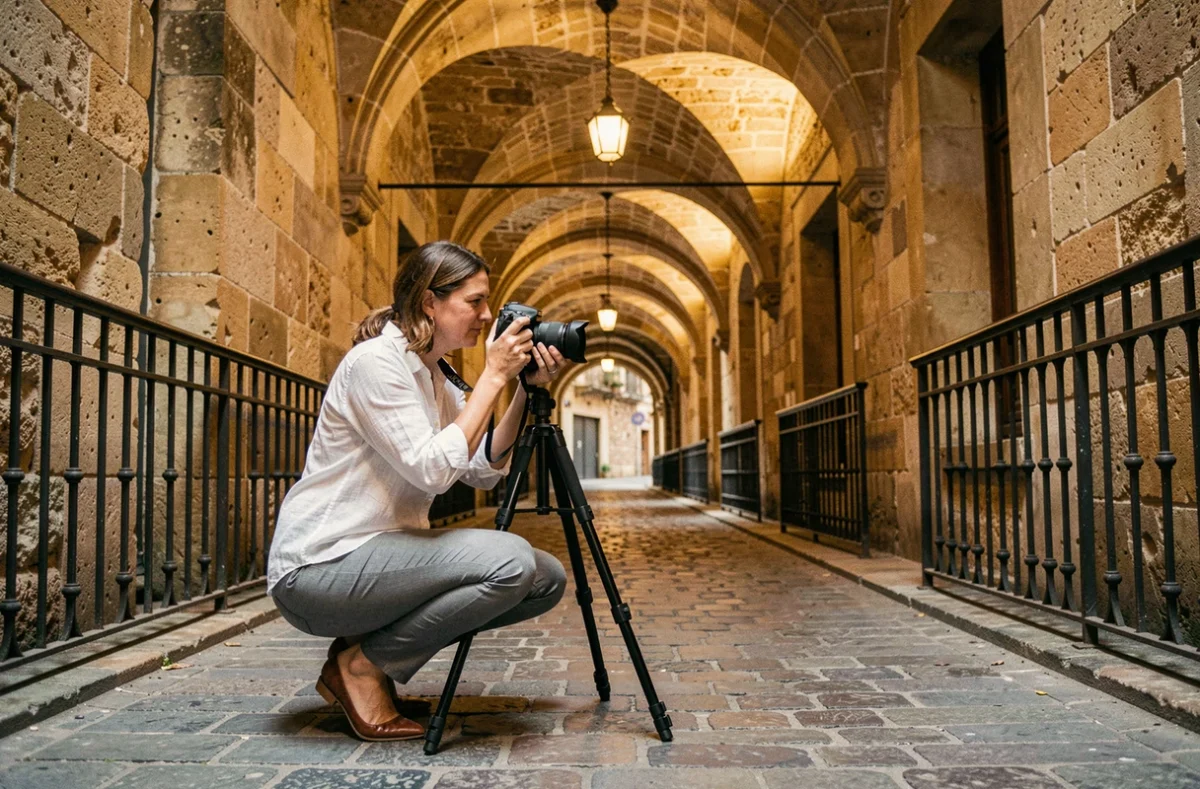 Photographe d'architecture féminine en train de cadrer une traboule lyonnaise historique avec un trépied et un appareil photo professionnel