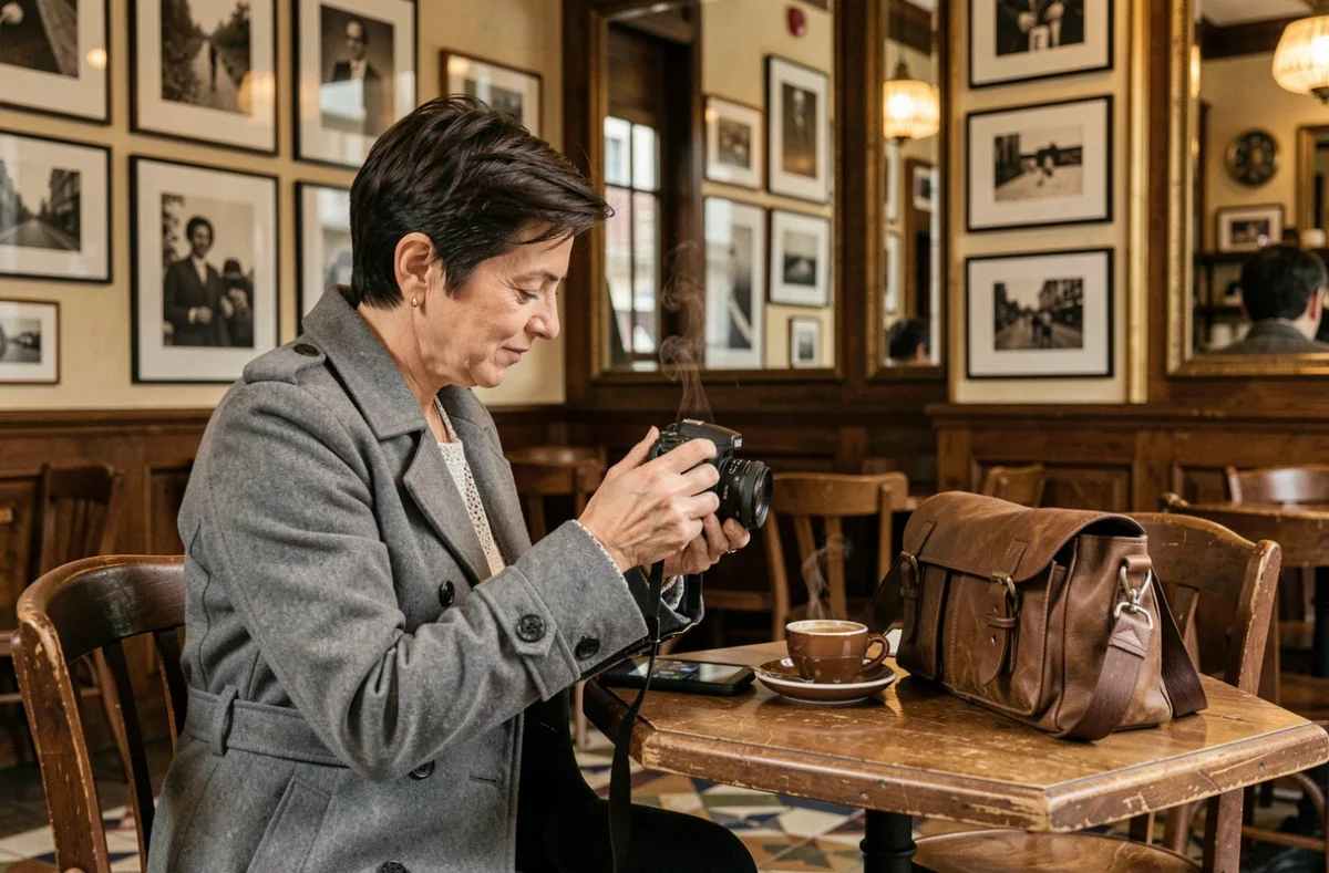 Photographe professionnelle révisant ses clichés dans une brasserie traditionnelle de Charleville-Mézières
