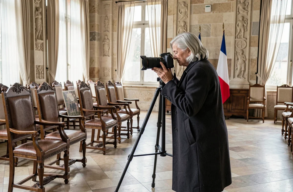 Photographe professionnelle préparant son équipement pour une cérémonie officielle dans une salle historique de l'hôtel de ville de Pontoise
