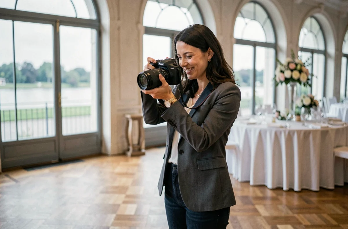 Photographe événementielle féminine consultant ses photos dans une salle de réception élégante à Pontoise avec vue sur l'Oise