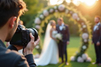 Photographe de mariage capturant un couple heureux en extérieur