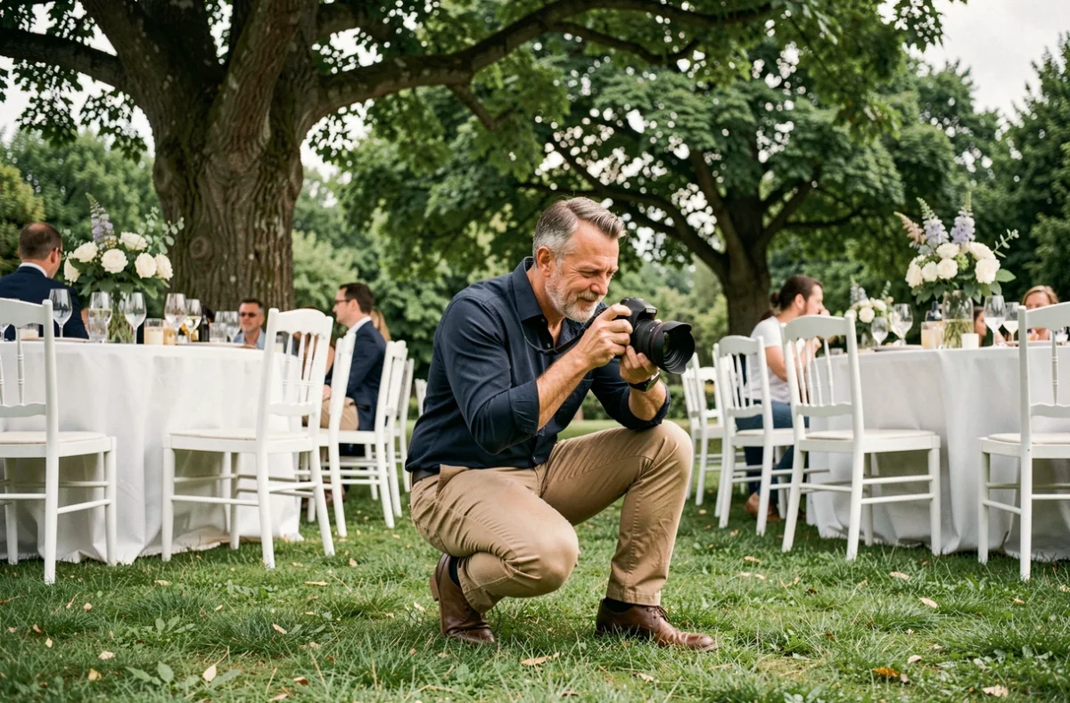 Photographe en action lors d'une réception de mariage en plein air dans la région de Poissy