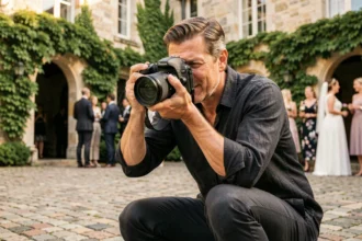 Photographe professionnel en action lors d'un mariage en extérieur à Pontoise, cadrant une scène dans une cour en pierre historique