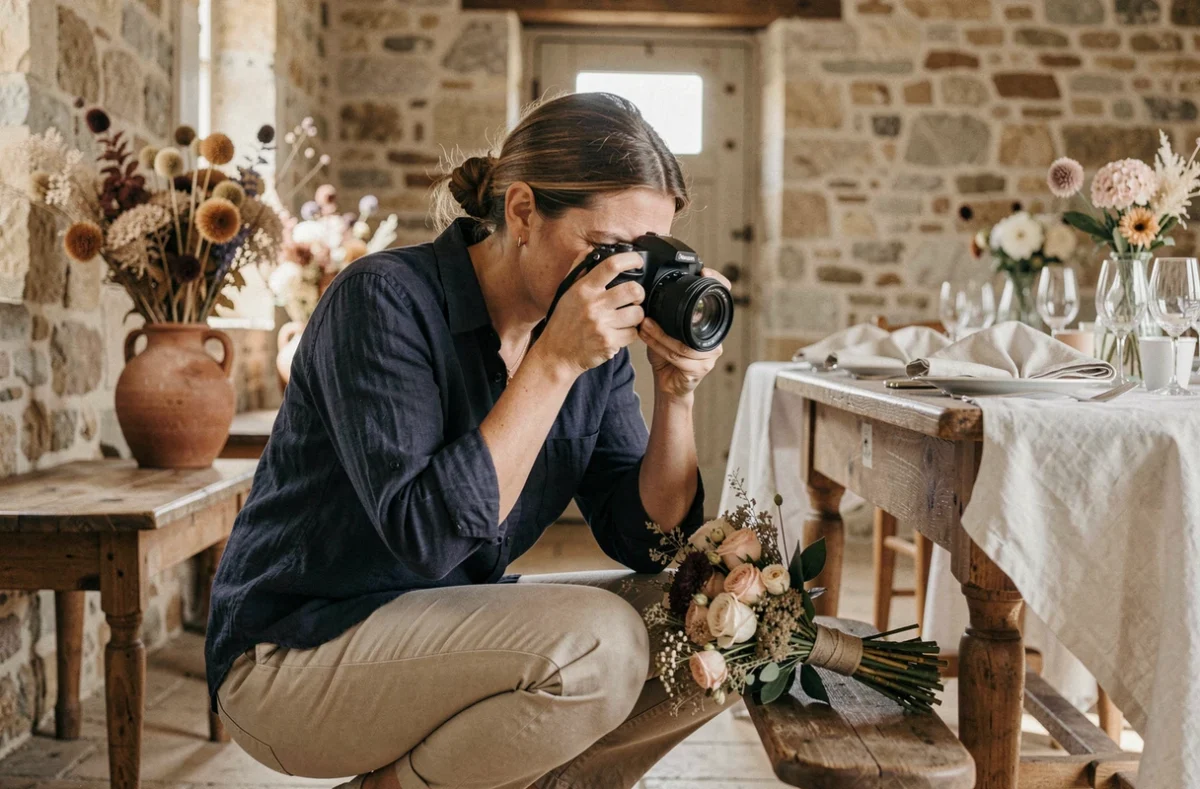 Photographe de mariage professionnelle en action dans une salle de réception rustique à Saint-Étienne