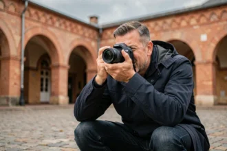 Photographe professionnel en train de prendre une photo sur la Place Ducale de Charleville-Mézières