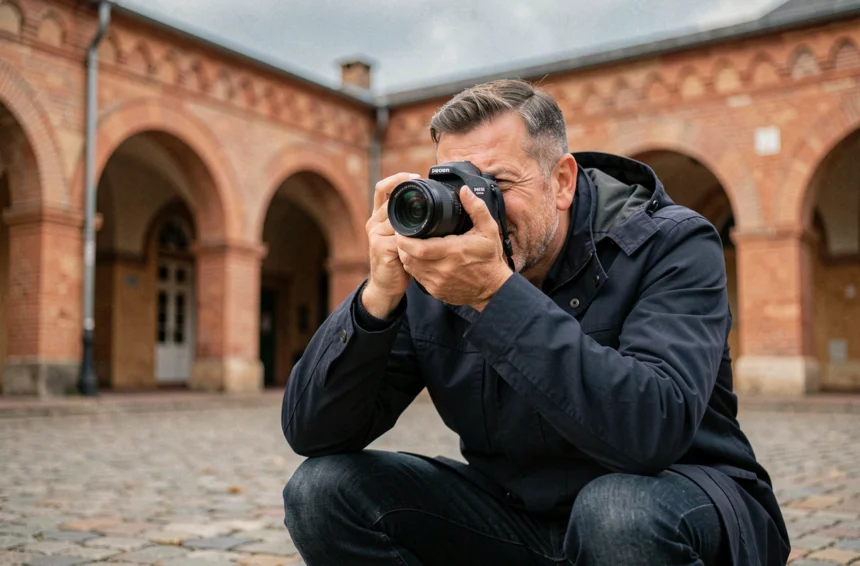 Photographe professionnel en train de prendre une photo sur la Place Ducale de Charleville-Mézières
