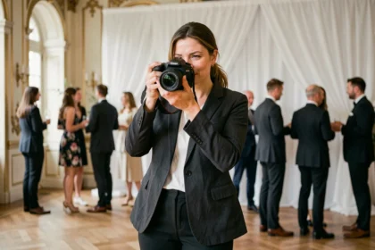 Photographe professionnelle tenant un appareil photo reflex lors d'un événement élégant à Poissy
