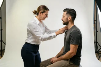 Photographe professionnelle guidant un client pour une séance de photos d'identité en studio