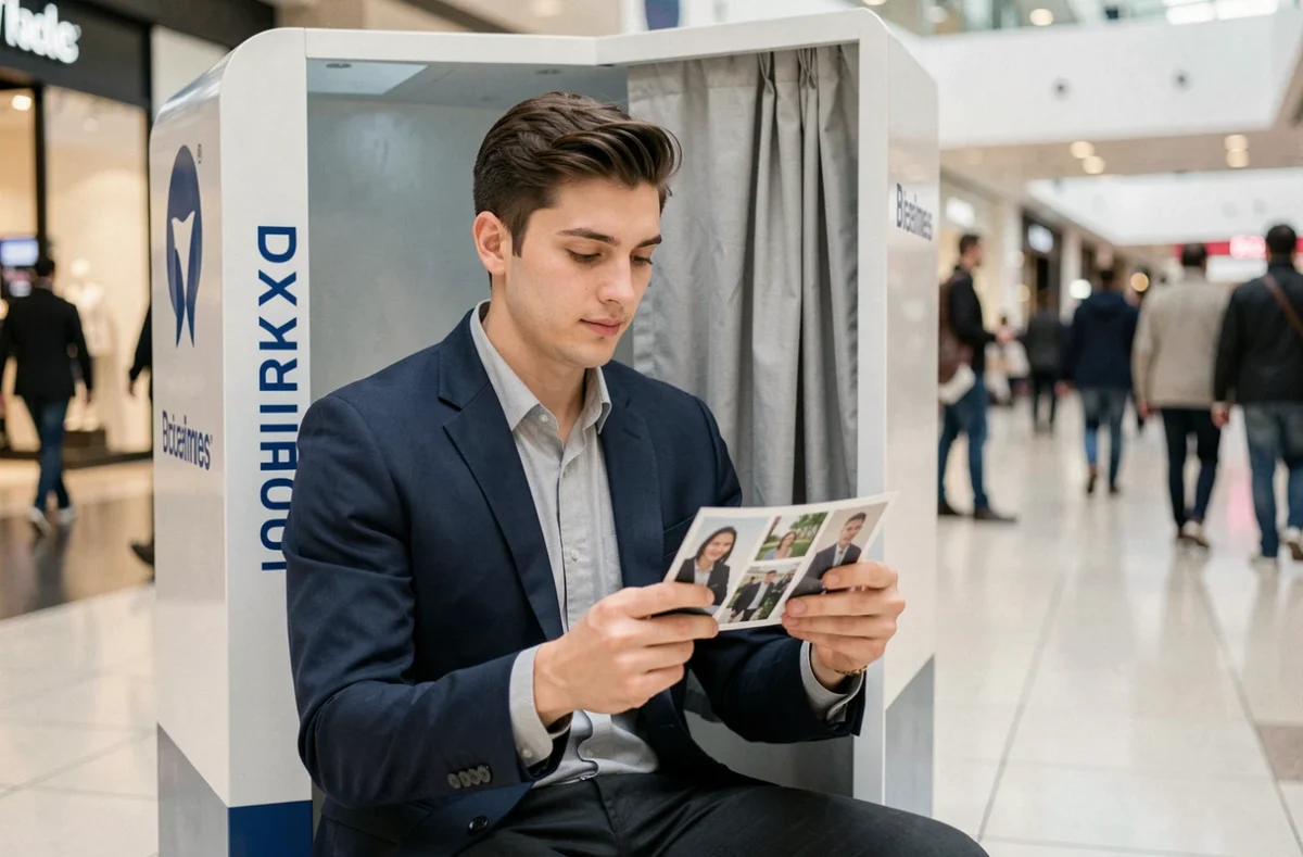 Jeune homme utilisant un photomaton en centre commercial pour ses photos d'identité