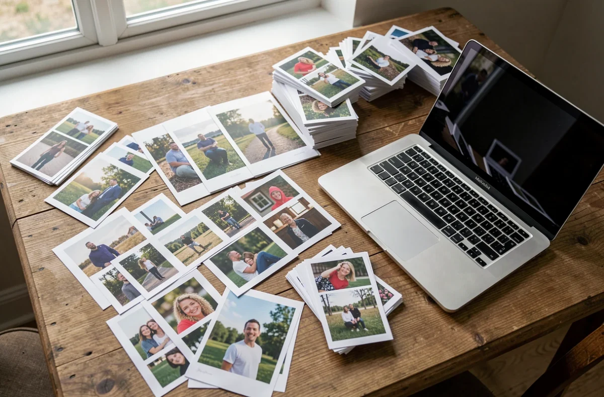 Photos imprimées triées en piles à côté d'un ordinateur portable