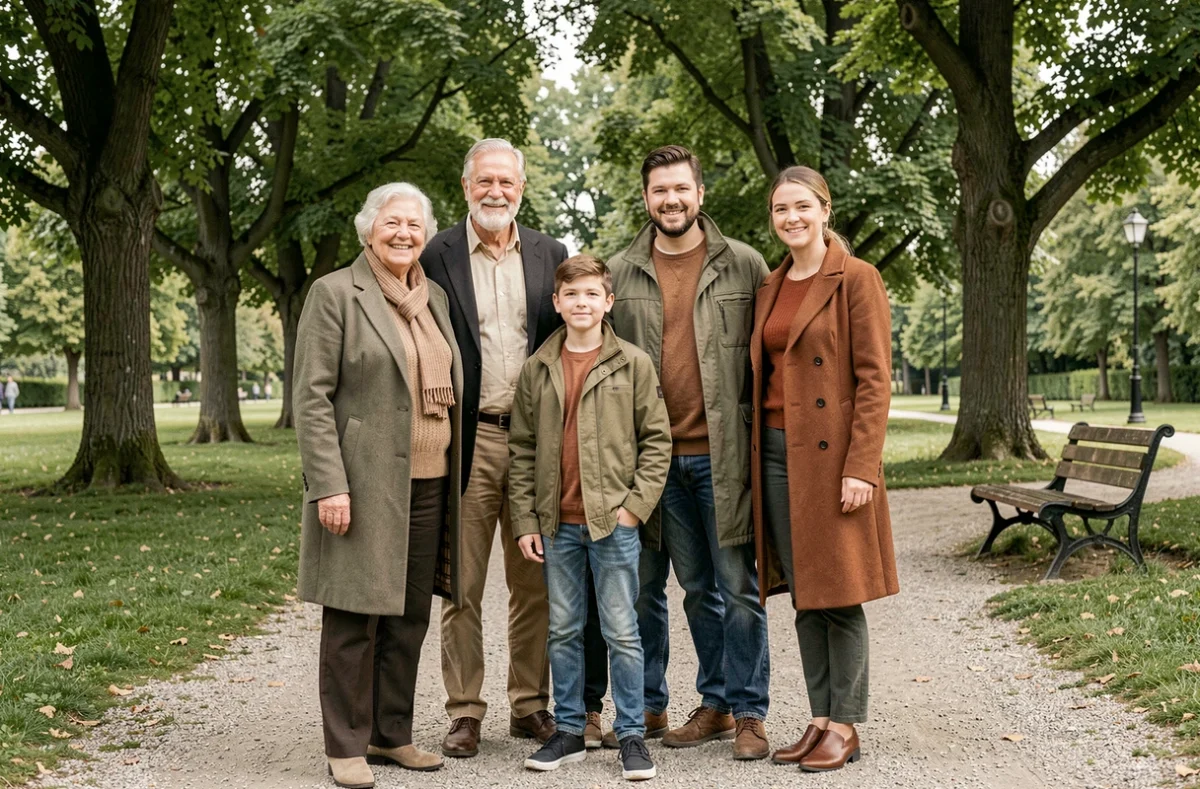 Portrait de famille en extérieur dans un parc de Charleville-Mézières, photo professionnelle multigénérationnelle