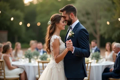 Couple de mariés dansant lors de leur premier dance en extérieur, ambiance romantique de réception de mariage dans un jardin fleuri