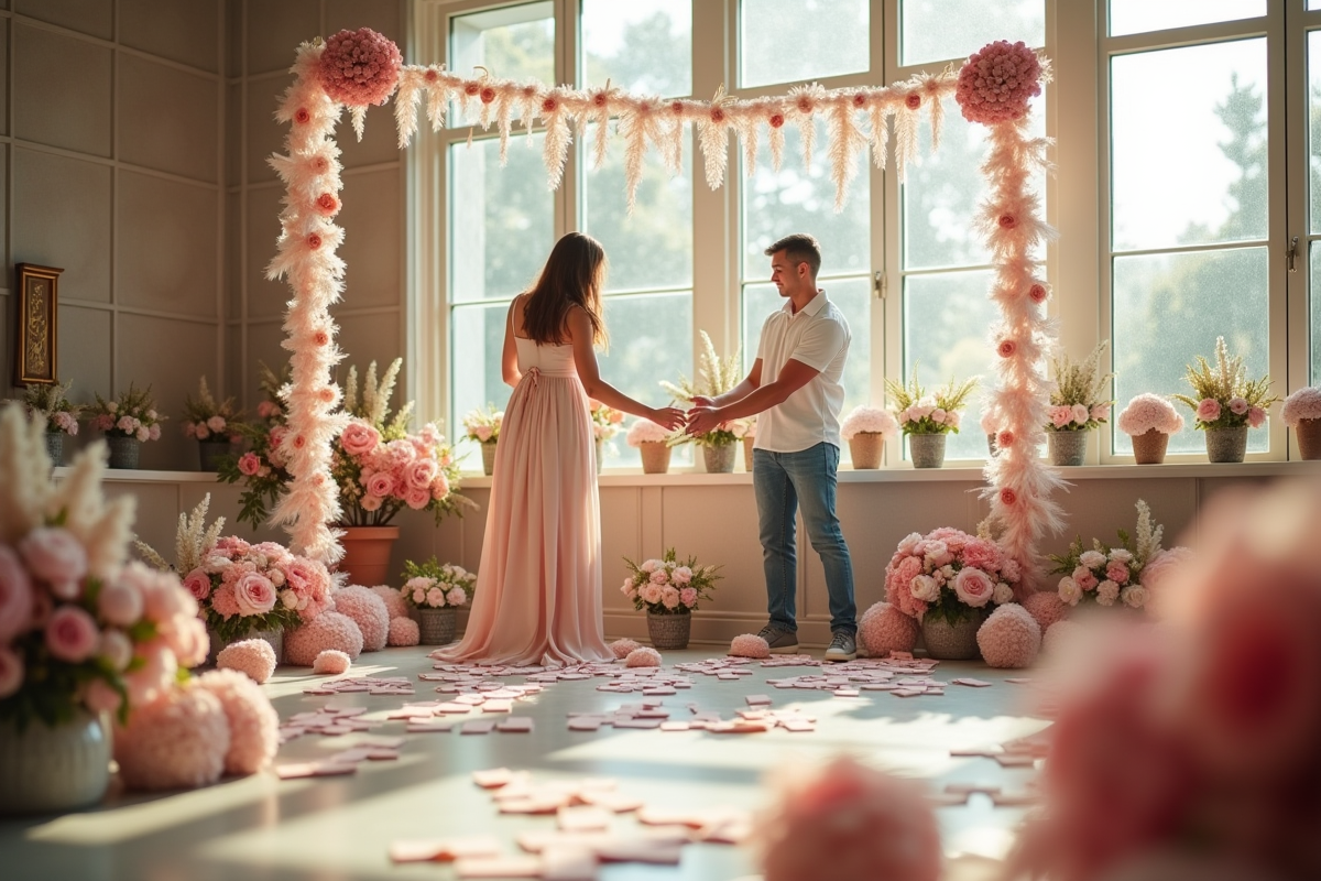 Couple préparant des décorations de mariage DIY en intérieur lumineux