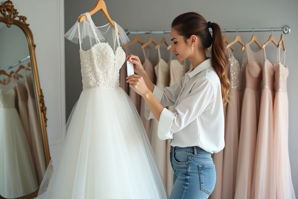 Femme découvrant le prix d'une robe de mariée dans une boutique de mariage, étonnée par l'étiquette tarifaire