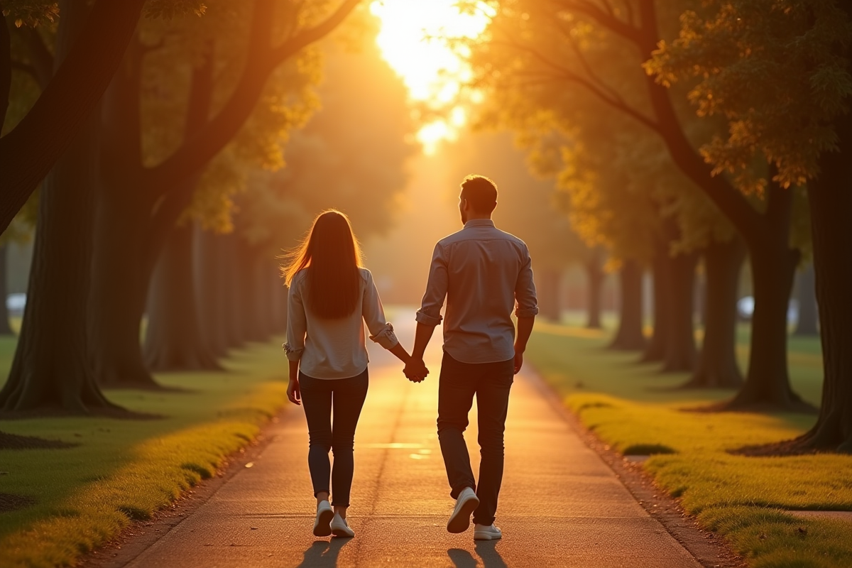 Couple main dans la main dans un parc au coucher du soleil