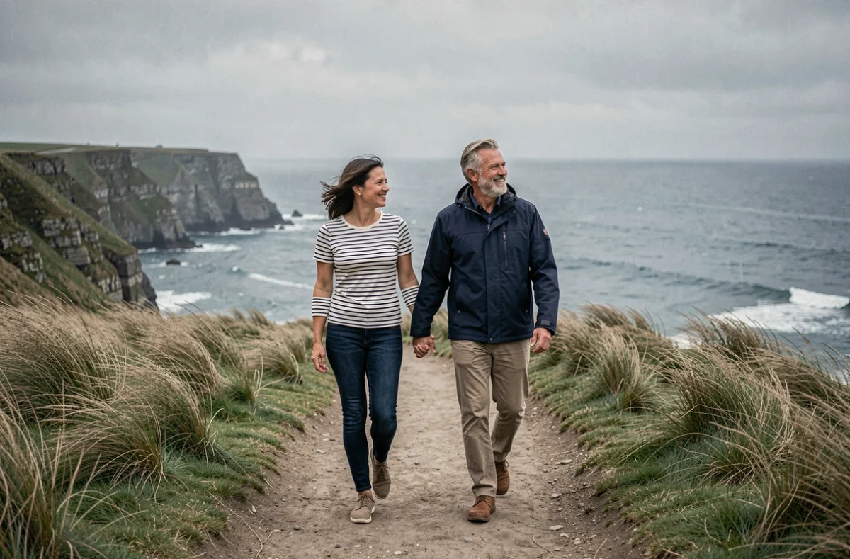 Couple marchant main dans la main sur un sentier côtier atlantique pour célébrer 21 ans de mariage