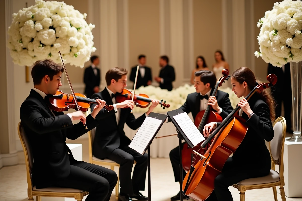 Quatuor à cordes jouant de la musique live lors d'une entrée de cérémonie de mariage dans une salle de réception luxueuse