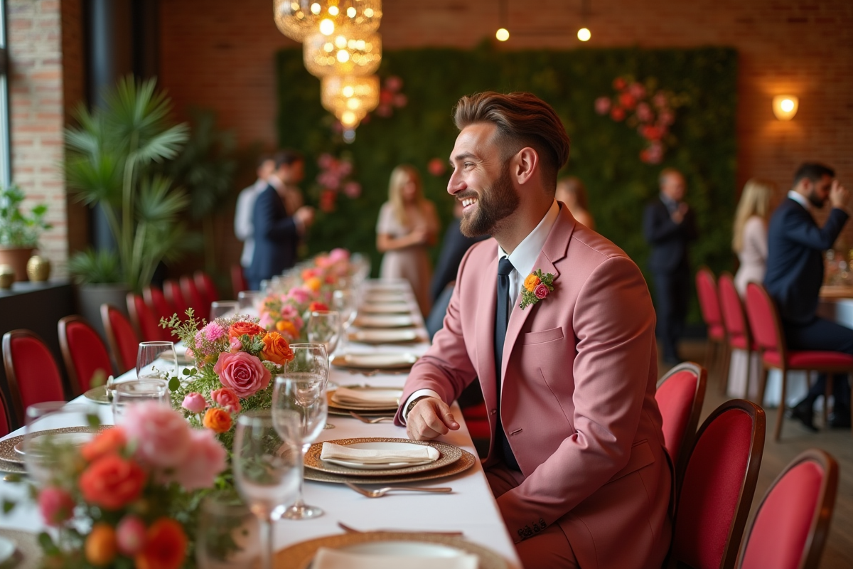 Groom en costume rose lors d