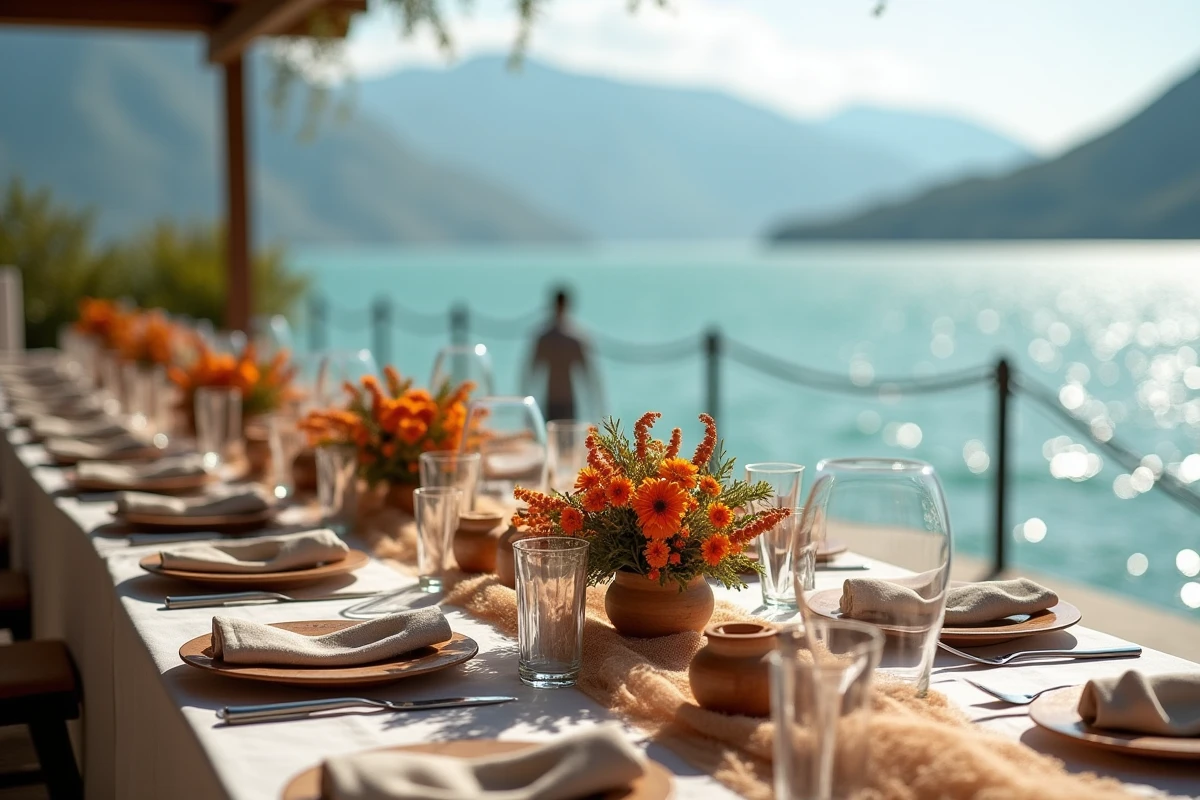 Table de réception de mariage décorée au bord du lac Ohrid en Albanie avec vue sur les montagnes