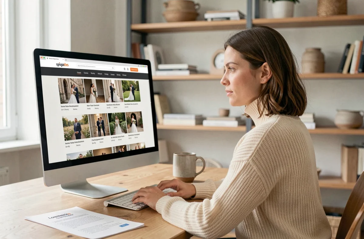 Femme recherchant un photographe de mariage à Lyon sur son ordinateur avec une checklist imprimée sur le bureau