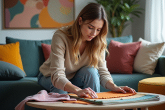 Femme rearrangeant des échantillons de tissus dans un salon