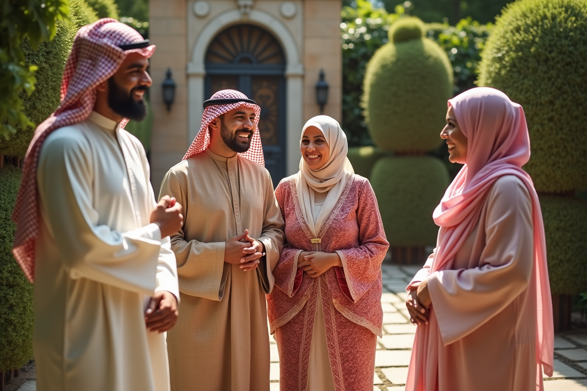 Familles de cultures différentes se saluant dans un jardin