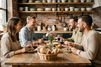 Groupe d'amis autour d'un repas convivial à la maison, riant et partageant des plats sur une table en bois rustique