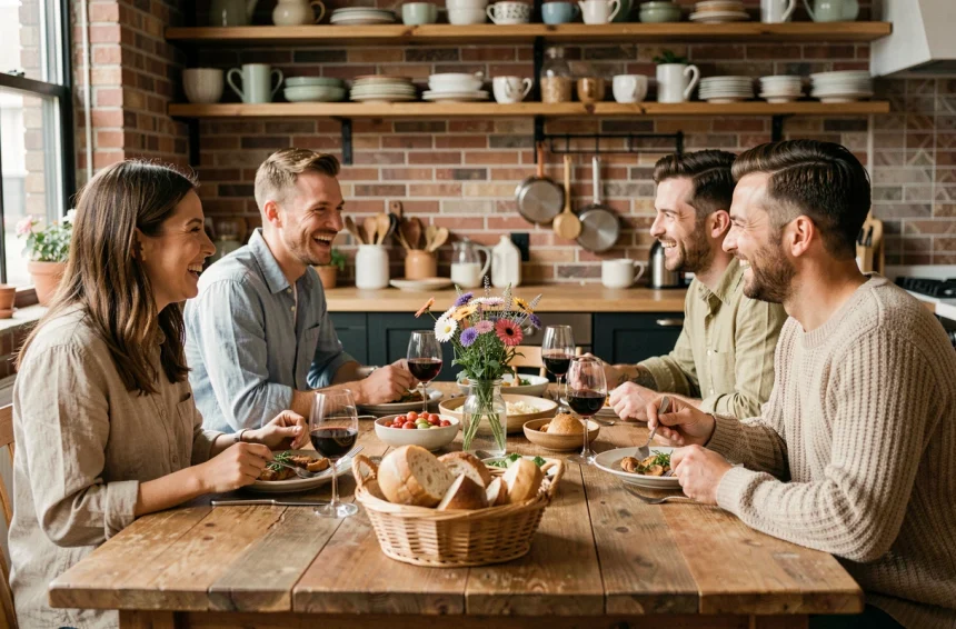 Groupe d'amis autour d'un repas convivial à la maison, riant et partageant des plats sur une table en bois rustique