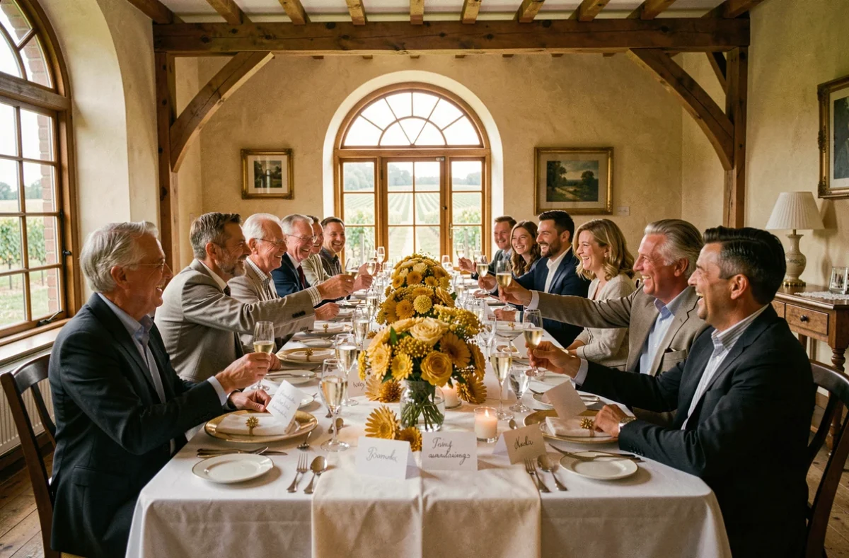 Réunion de famille autour d'une table décorée pour célébrer les 50 ans de mariage des grands-parents