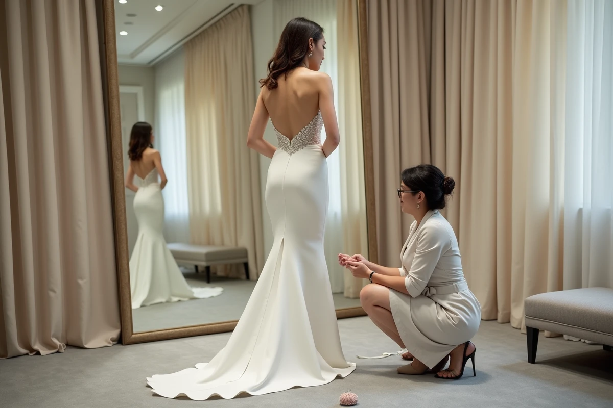 Retouche et ajustement d'une robe de mariée par une couturière en cabine d'essayage, représentant les économies possibles sur les finitions de robe de mariée