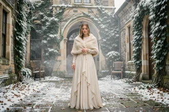 Mariée en robe bohème ivoire avec cape en fausse fourrure devant une mairie en pierre en hiver