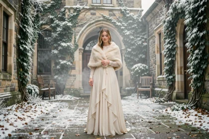 Mariée en robe bohème ivoire avec cape en fausse fourrure devant une mairie en pierre en hiver