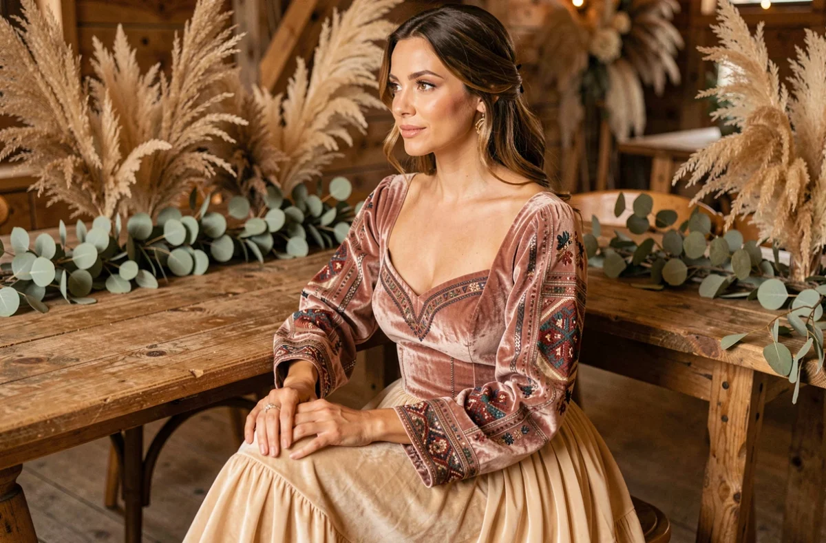 Femme en robe bohème velours rose poudré pour mariage civil d'hiver dans un espace rustique chaleureux