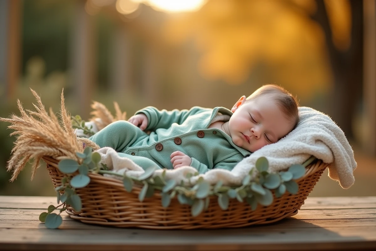 Bébé garçon en tenue de mariage vert sauge dans un panier en osier décoré d'épis de blé pour un mariage automnal