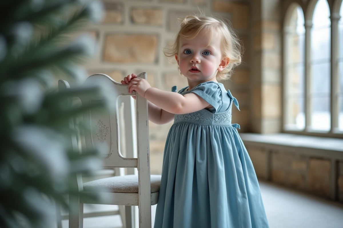 Bébé fille en longue robe de mariage velours bleu poudré avec smocks debout contre une chaise bois blanc dans un décor hivernal élégant