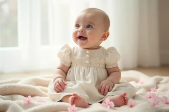 Bébé fille en robe de mariage ivoire avec dentelle assise sur un plaid crème entourée de pétales de cerisier au printemps