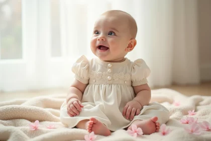 Bébé fille en robe de mariage ivoire avec dentelle assise sur un plaid crème entourée de pétales de cerisier au printemps