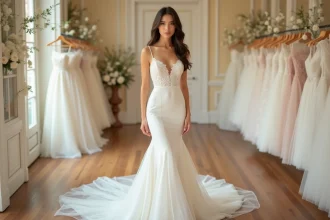 Femme petite taille en robe de mariée blanche à coupe allongeante dans une boutique de mariage élégante