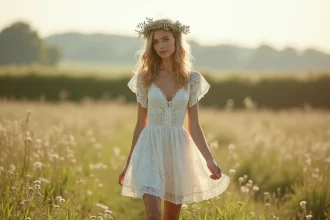 Mariée en robe de mariage bohème courte en dentelle ivoire dans un champ de fleurs sauvages