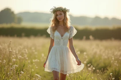 Mariée en robe de mariage bohème courte en dentelle ivoire dans un champ de fleurs sauvages