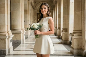 Mariée en robe courte ivoire devant un couloir de mairie parisienne ornée de colonnes en marbre