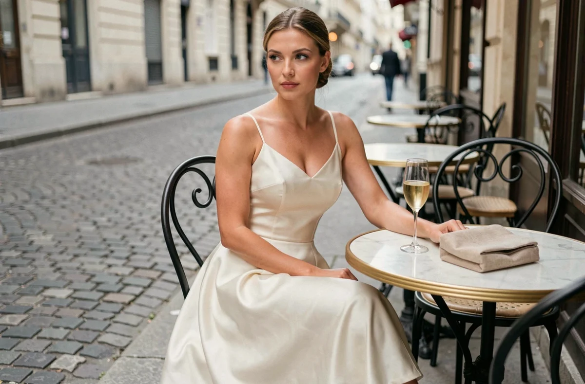 Mariée en robe midi satin blanc cassé assise en terrasse de café parisien avec flûte de champagne
