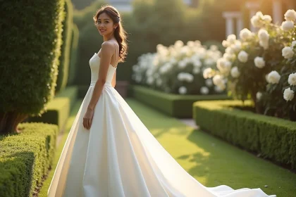 Mariée en robe princesse simple et élégante en satin ivoire dans un jardin fleuri, style épuré chic 2026