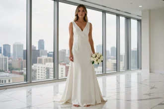 Femme en robe de mariée blanche minimaliste à col en V profond, debout sur marbre blanc dans un atelier moderne avec vue urbaine, bouquet de roses blanches à la main