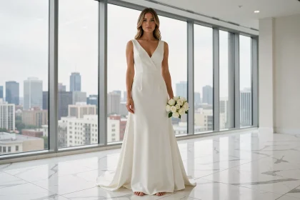 Femme en robe de mariée blanche minimaliste à col en V profond, debout sur marbre blanc dans un atelier moderne avec vue urbaine, bouquet de roses blanches à la main