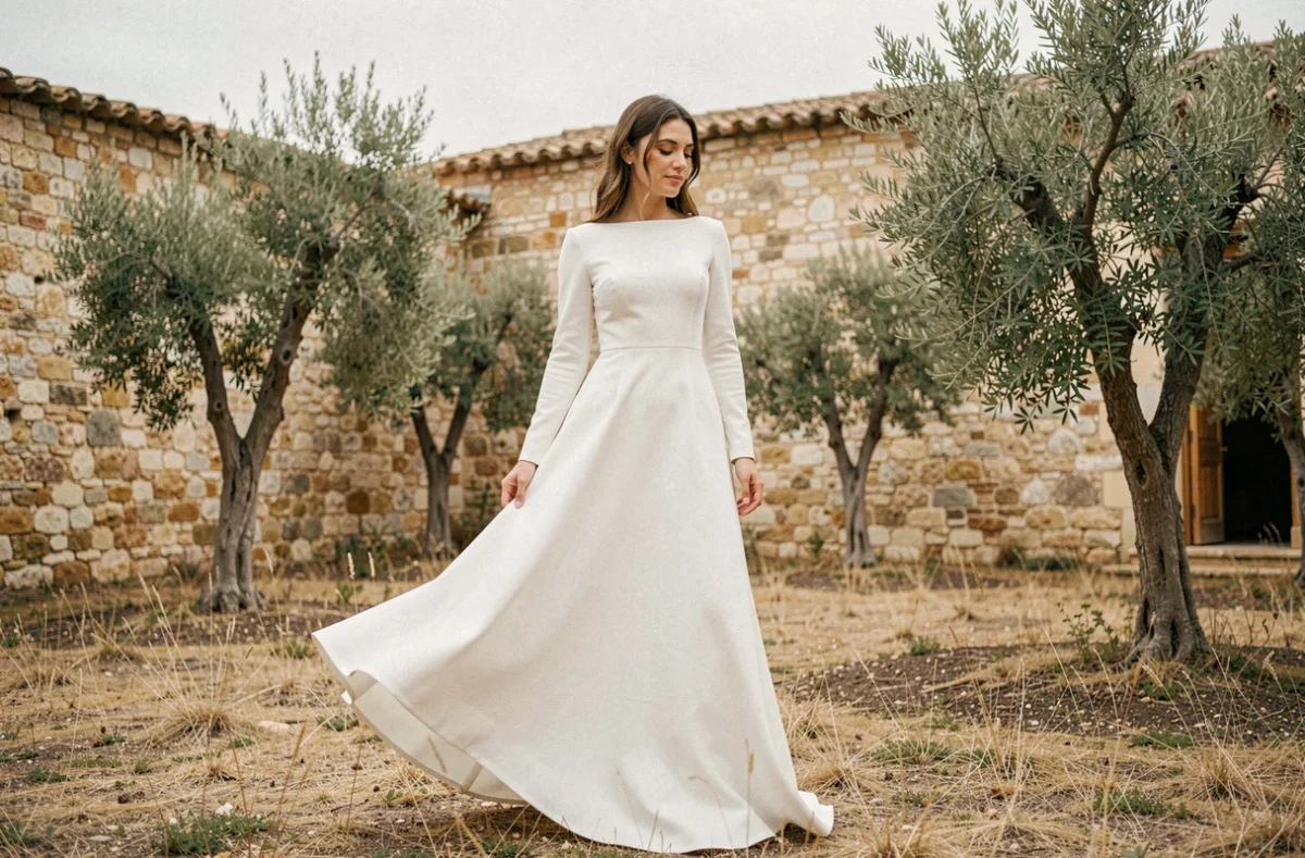 Mariée en robe blanche minimaliste à manches longues en crêpe fluide dans une cour provençale avec murs en pierre calcaire et oliviers